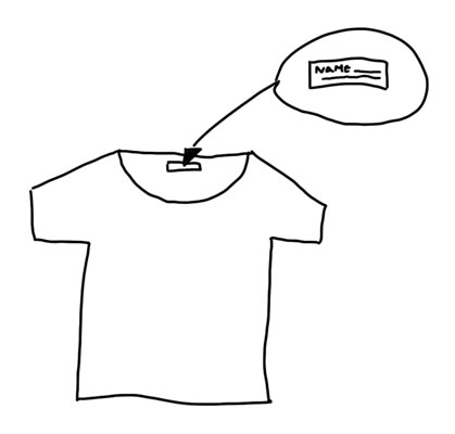 Presentation graphics in the form of freehand drawing: a t-shirt has a tag with the child's data.