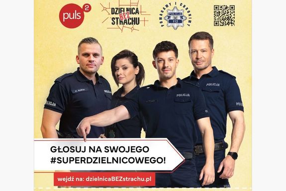 Plakat przedstawiający dzielnicowego i aktorów w policyjnych mundurach oraz loga partnerów akcji