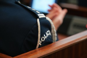zdjęcie kolorowe fragment policyjnego munduru