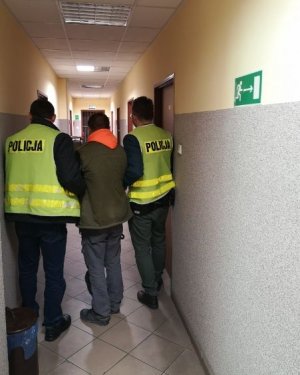 policjanci w kamizelkach odblaskowych prowadzą na korytarzu zatrzymanego