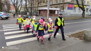 policjantka przechodzi przez przejście dla pieszcyh z grupą dzieci ubranych w kamizelki odblaskowe