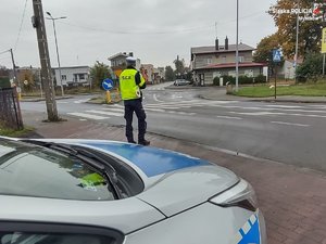 Na zdjęciu policjant stojący przed przejściem dla pieszych